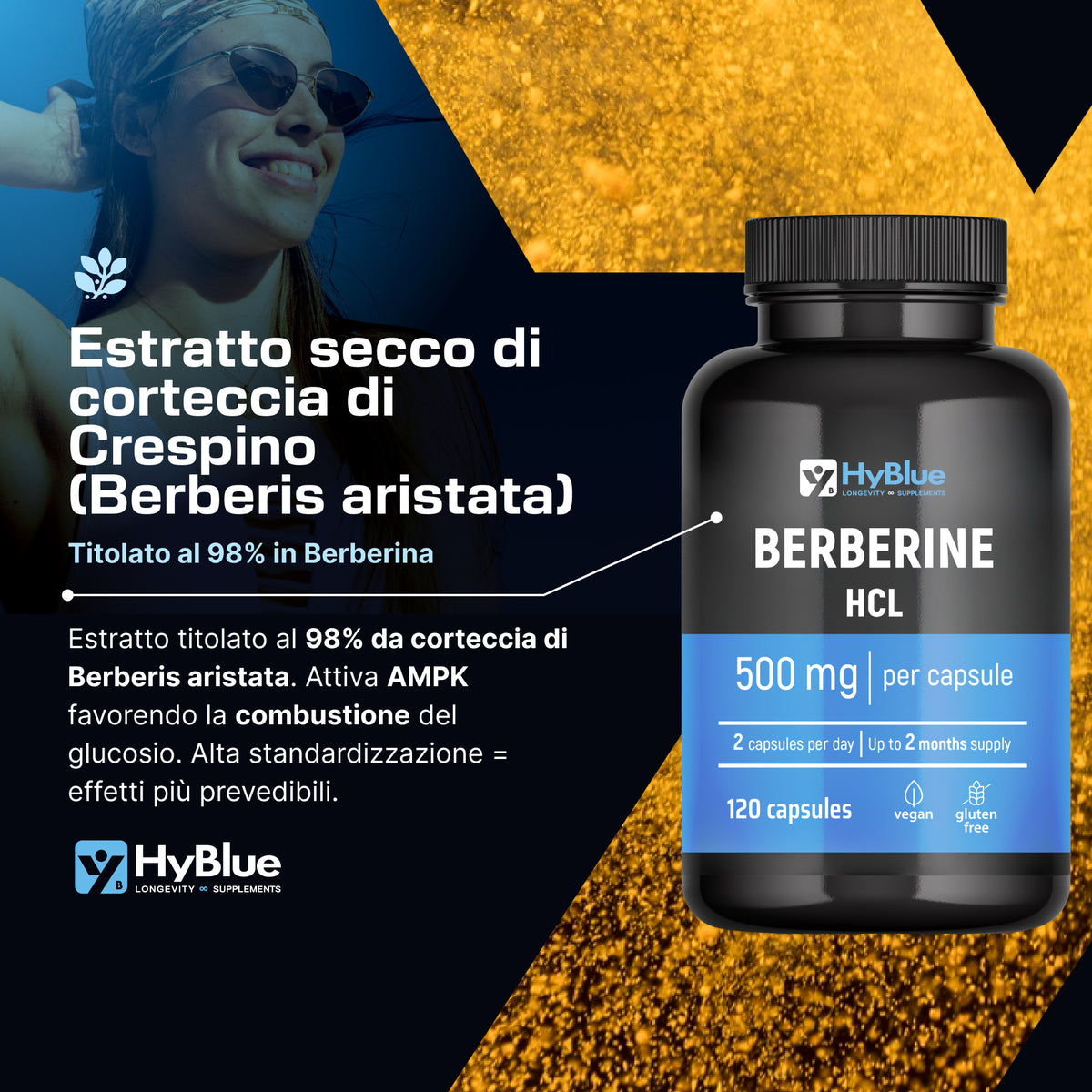HyBlue Berberina 1000mg Pura Alto Dosaggio 120 Cps, 2x500 Mg | Estratto Di Berberis Aristata | Berberina Integratore Per Supporto Metabolismo | Senza Glutine Ne Lattosio, 100% Vegano | Fino 2 Mesi
