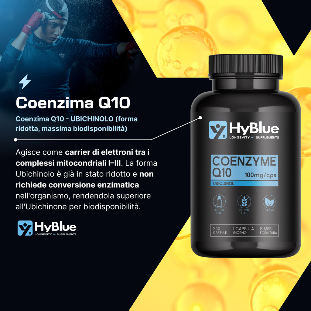 HyBlue Ubichinolo Coenzima Q10 240 cps, 100 mg | Integratore Ubiquinol Coq10 | Potente Antiossidante per Energia Cellulare e Benessere Cardiaco | Senza Glutine Ne Lattosio, 100% Vegano | Fino 8 Mesi
