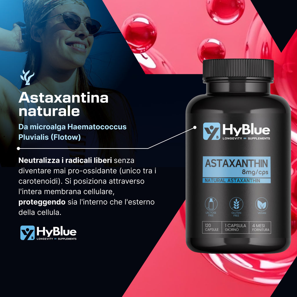 HyBlue Astaxantina Naturale 8 mg | 120 Capsule di Astaxantina Pura Alto Dosaggio | Potente Antiossidante Naturale | Integratore Per Supporto Sport, Recupero e Protezione Cellulare | Fino 4 Mesi