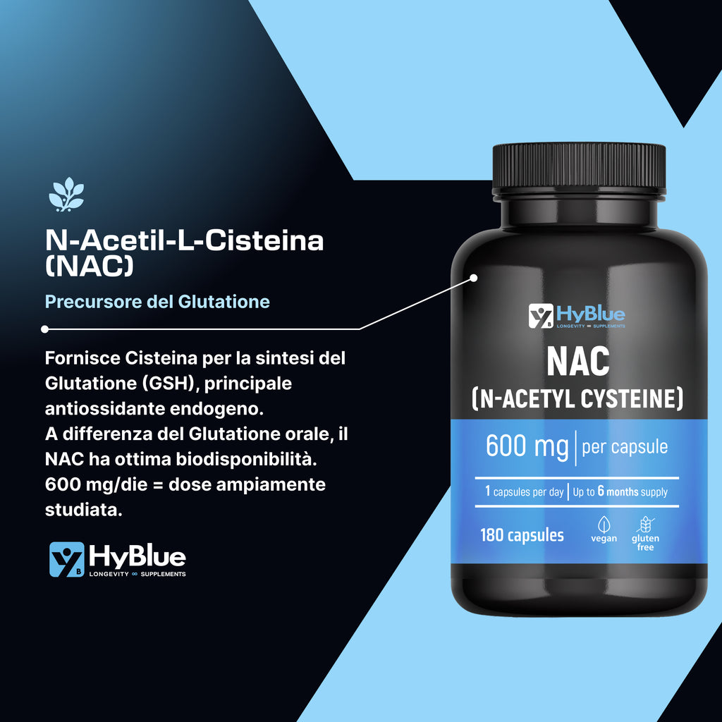 HyBlue Nac N-Acetil-Cisteina Pura, 180 Cps, 600mg | Integratore Acetilcisteina 600 mg, Alta Biodisponibilità | Antiossidante, Detox & Longevità | Senza Glutine Ne Lattosio, Vegano | Fino 6 Mesi