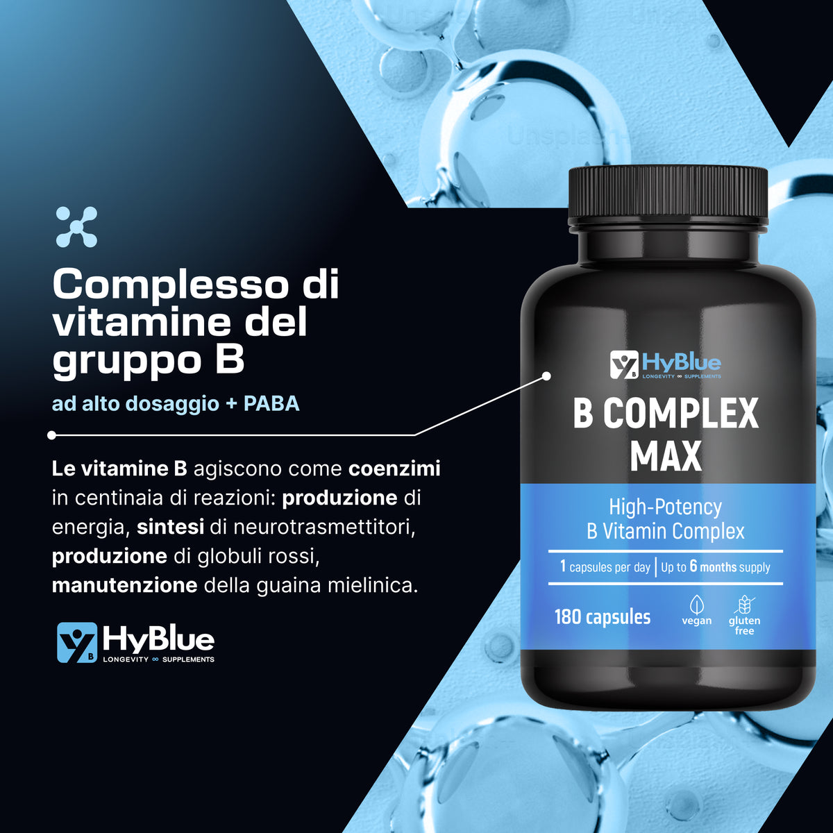 HyBlue Vitamina B Complex Alto Dosaggio, 180 Cps | Complesso Vitamine Gruppo B con B12, Biotina & Acido Folico | Supporto Energia & Sistema Nervoso | No Glutine Ne Lattosio, Vegano | Fino 6 Mesi