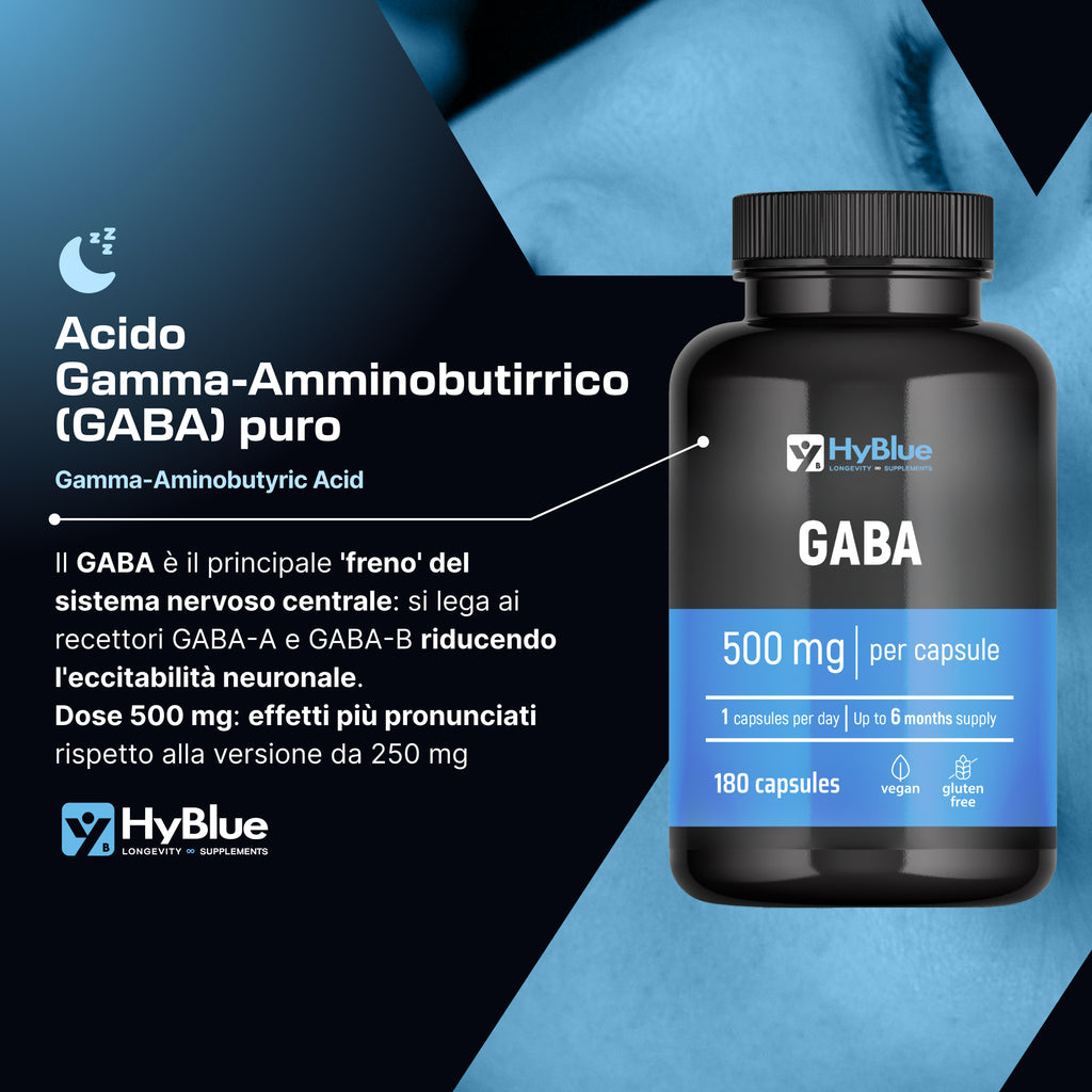 HyBlue GABA Integratore Stanchezza Fisica Mentale 180 Cps, 500mg | Integratore Ansia e Stress Forte | Acido Gamma Amminobutirrico Calma Mentale | No Glutine Ne Lattosio, 100% Vegano | Scorta 6 Mesi