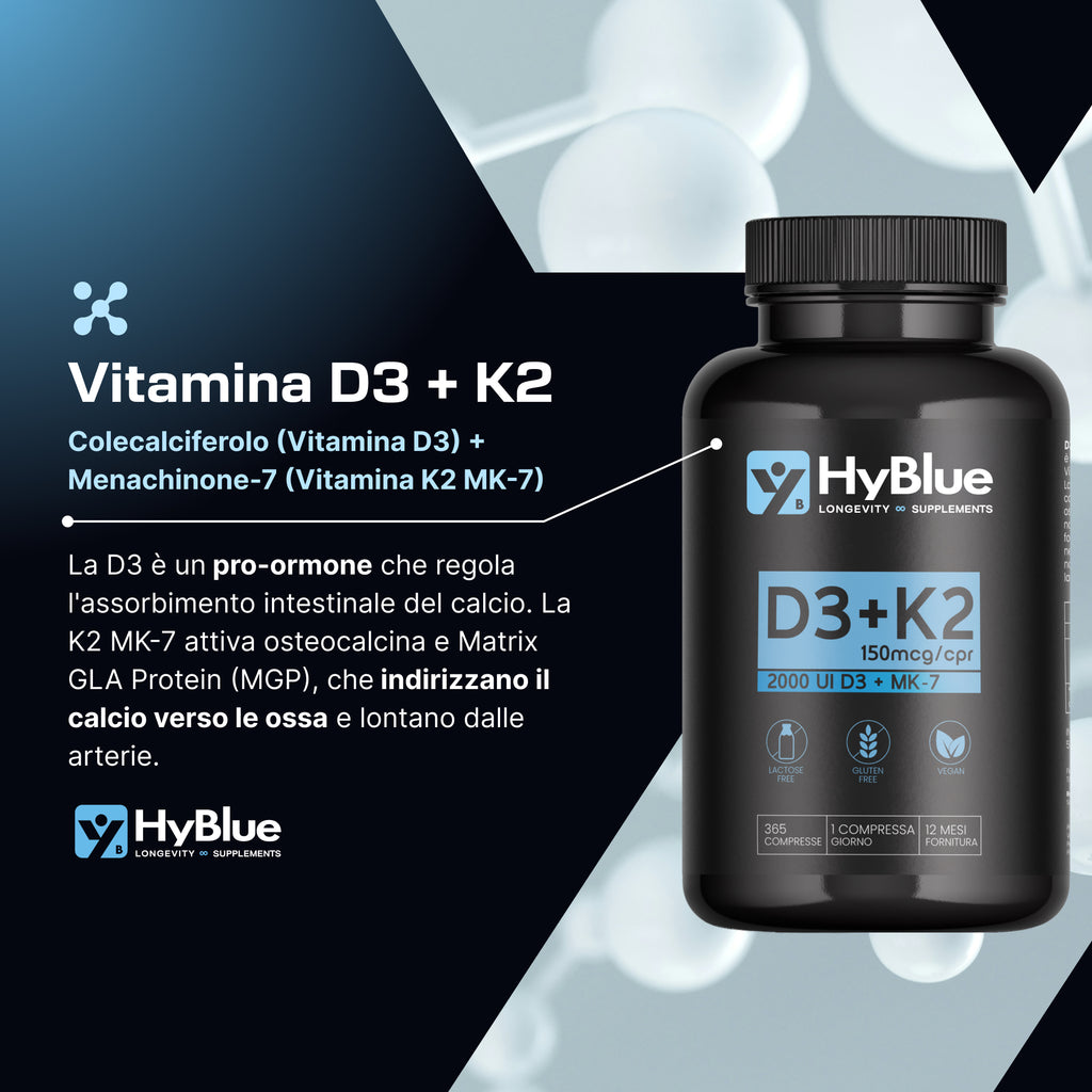 Hyblue Vitamina D3 + K2 Mk-7 360 Cps | Vitamina D3 2000 Ui + K2 100 Μg Alta Biodisponibilità | Vit D3 K2 Ossa, Denti e Difese Immunitarie | No Glutine Ne Lattosio, 100% Vegano | Fino 12 Mesi