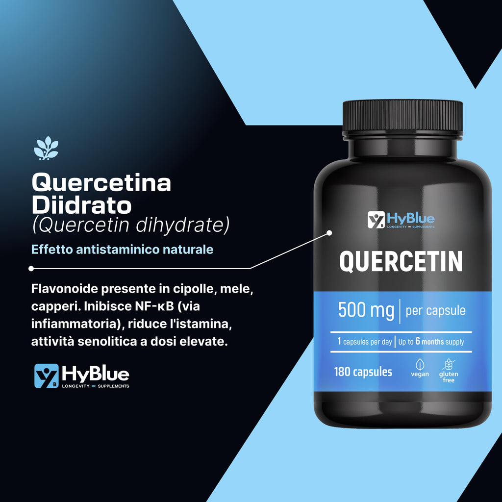 HyBlue Quercetina 500 Mg Pura, 180 Cps | Quercitina 500 Mg Diidrato, Integratore Antiossidante Per Difese Immunitarie e Benessere Naturale | No Glutine Ne Lattosio, Vegano | Fino 6 Mesi