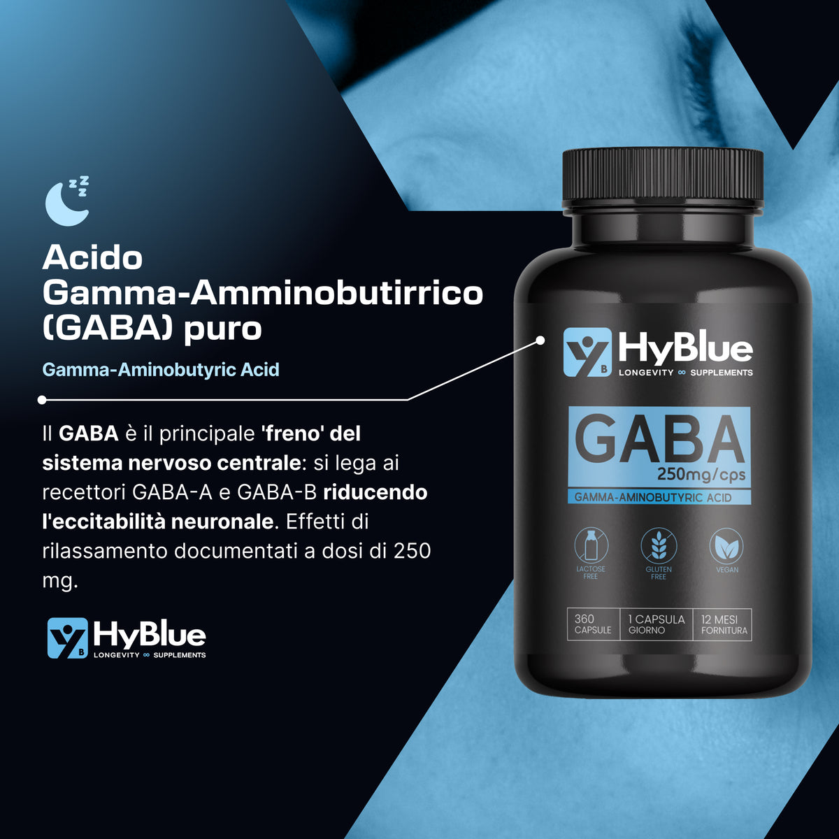 HyBlue GABA Puro 360 Cps, 250mg | Alta Biodisponibilità | Integratore Ansia e Stress Forte | Acido Gamma Amminobutirrico Calma Mentale | No Glutine Ne Lattosio, 100% Vegano | Scorta 12 Mesi