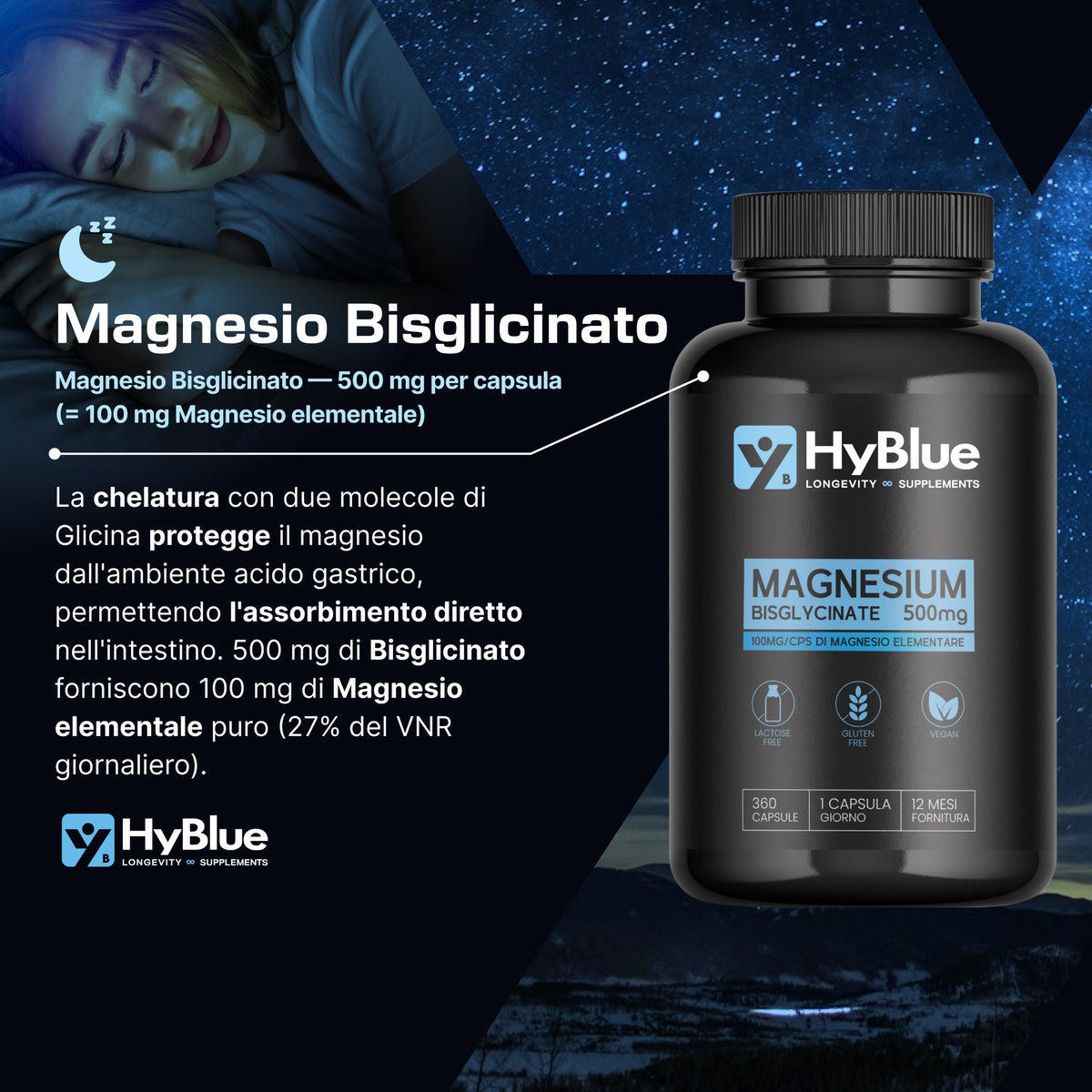 Hyblue Magnesio Bisglicinato Puro 360 Cps, 100mg | Magnesio Glycinate Alta Biodisponibilità | Magnesio Stanchezza E Sistema Nervoso | Senza Glutine Ne Lattosio, 100% Vegano | Fino 6 Mesi