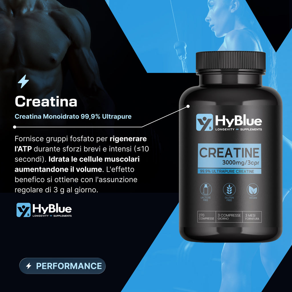 Hyblue Creatina Monoidrata 99,9% Ultrapure 270 Cps, 3g Dose | Ultrapure Creatine Alto Dosaggio Forza, Volume Muscolare e Recupero | Creatine Monohydrate Pura Vegan Senza Glutine | Fino 3 Mesi