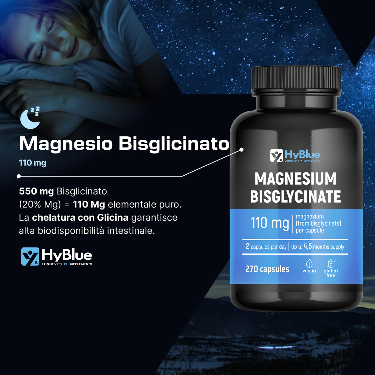 HyBlue Magnesio Bisglicinato Capsule 270, 110mg | Magnesio Glicinato Capsule Alta Biodisponibilità | Integratore Stanchezza Fisica Mentale | Senza Glutine Ne Lattosio, 100% Vegano | Fino 3 Mesi