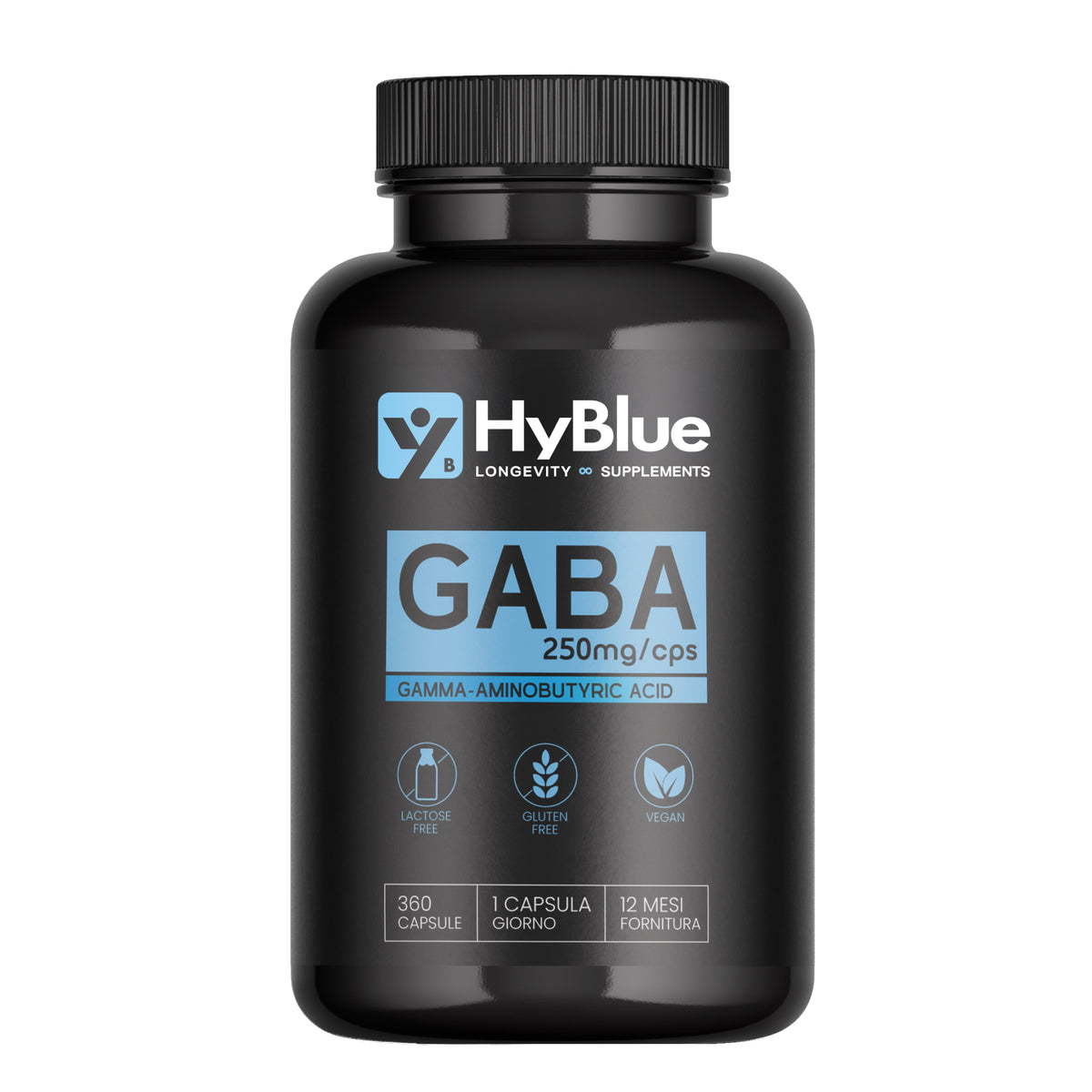 HyBlue GABA Puro 360 Cps, 250mg | Alta Biodisponibilità | Integratore Ansia e Stress Forte | Acido Gamma Amminobutirrico Calma Mentale | No Glutine Ne Lattosio, 100% Vegano | Scorta 12 Mesi