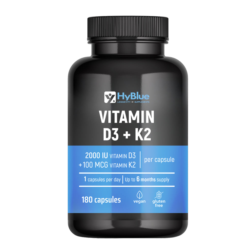 HyBlue Vitamina D3 K2 Mk7 180 Cps | Vitamina D3 2000 UI + K2 100 Μg Alta Biodisponibilità | Vit D3 K2 Ossa, Denti e Difese Immunitarie | No Glutine Ne Lattosio, Vegano | Fino 6 Mesi