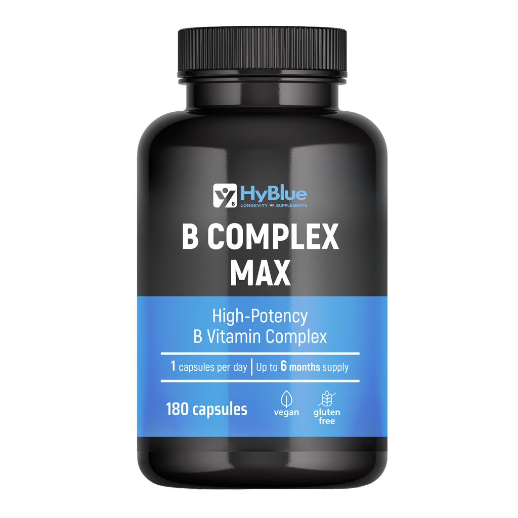 HyBlue Vitamina B Complex Alto Dosaggio, 180 Cps | Complesso Vitamine Gruppo B con B12, Biotina & Acido Folico | Supporto Energia & Sistema Nervoso | No Glutine Ne Lattosio, Vegano | Fino 6 Mesi