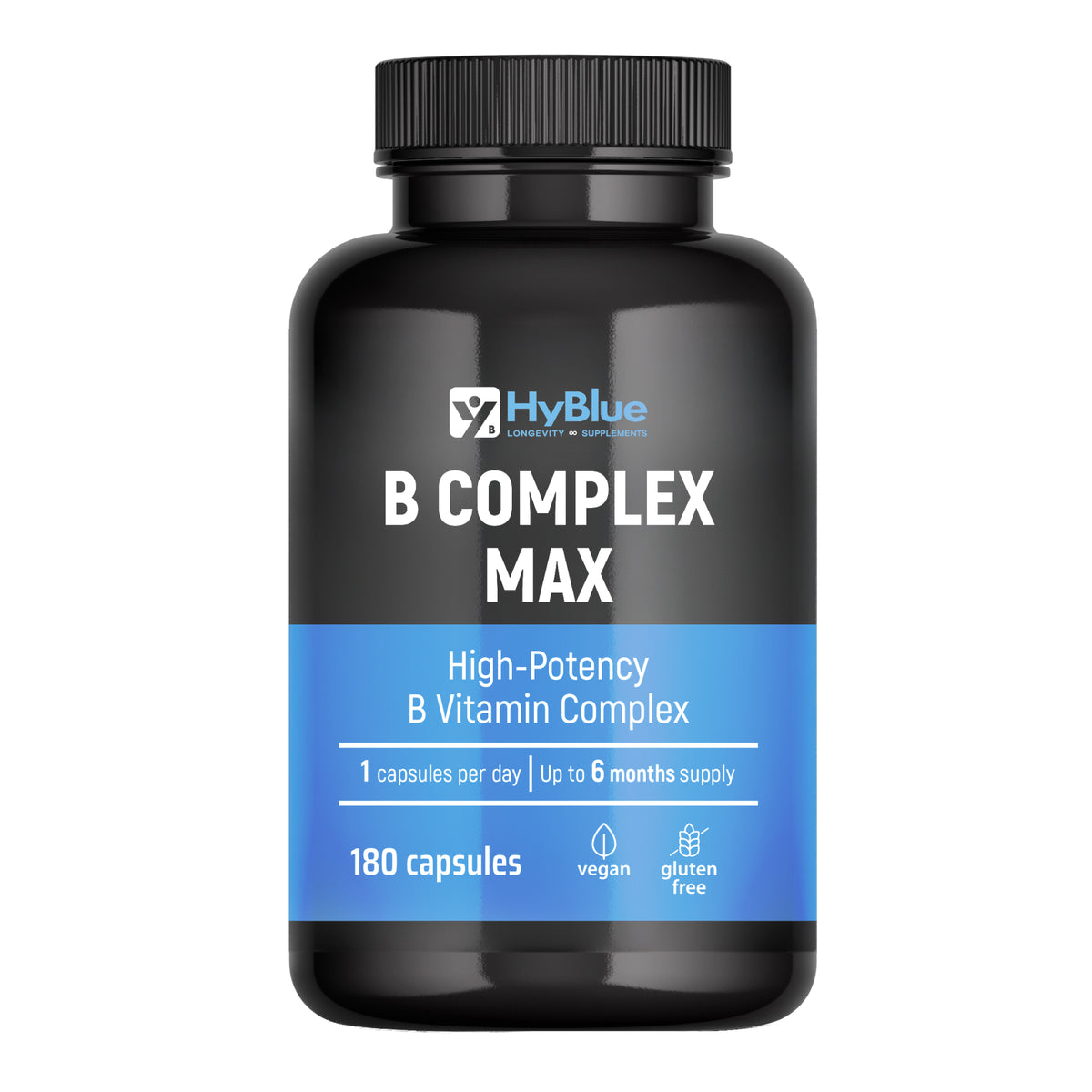 HyBlue Vitamina B Complex Alto Dosaggio, 180 Cps | Complesso Vitamine Gruppo B con B12, Biotina & Acido Folico | Supporto Energia & Sistema Nervoso | No Glutine Ne Lattosio, Vegano | Fino 6 Mesi