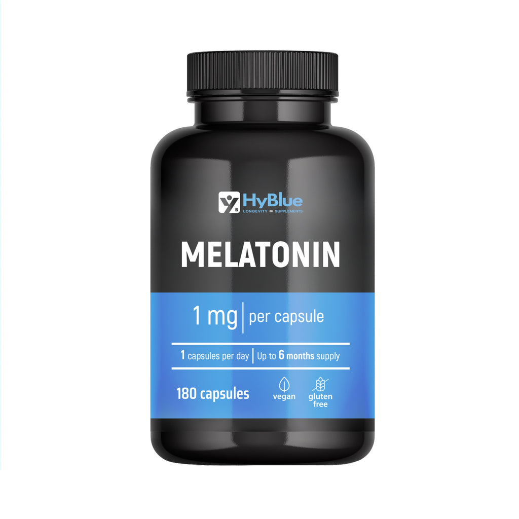 HyBlue Melatonina Per Dormire 180 Cps, 1mg | Integratore Per Dormire Bene Riduce Il Tempo Per Addormentarsi | Melatonina Forte Riposo & Relax Notte | No Glutine Ne Lattosio, 100% Vegano | Fino 6 Mesi