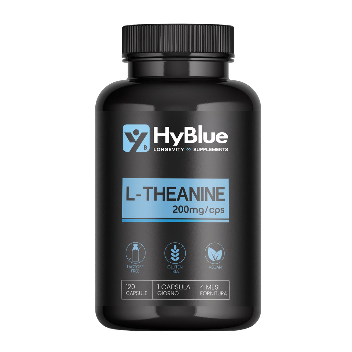 HyBlue L Teanina Integratore 120 cps, 200mg | L Theanine per Stress e Performance Cognitive | Stimola Onde Alfa per Focus Mentale e Lucidità | Senza Glutine Ne Lattosio, 100% Vegano | Fino 4 Mesi