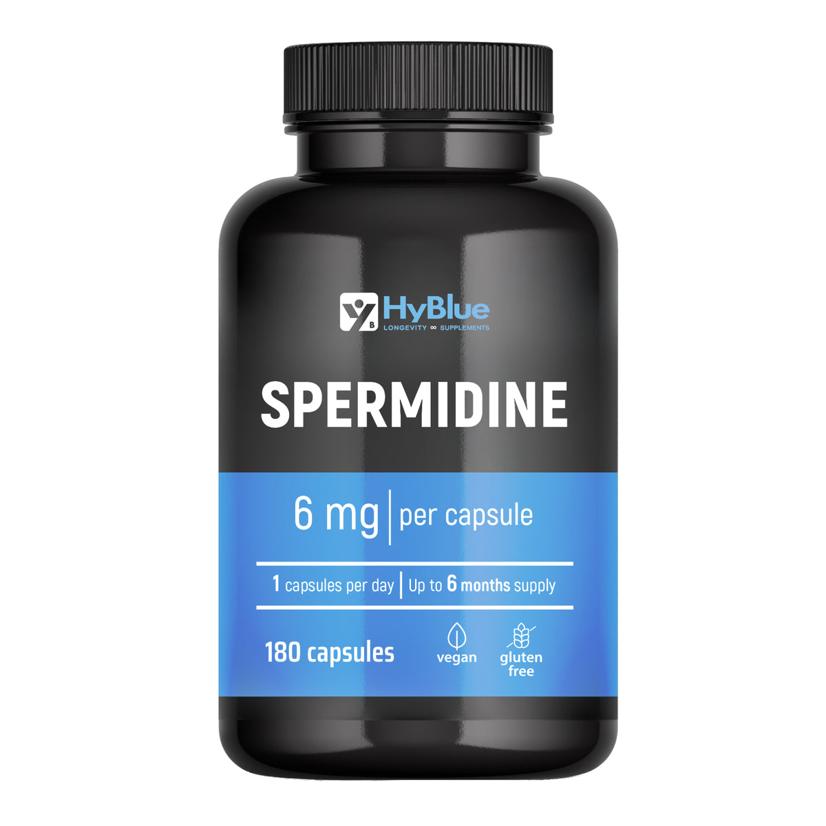 HyBlue Spermidina Pura Alto Dosaggio 180 Cps, 6mg | Integratore Spermidina Alto Dosaggio Per Rinnovo Cellulare e Longevità | Spermidin Integratore No Glutine Ne Lattosio, 100% Vegano | Scorta 6 Mesi