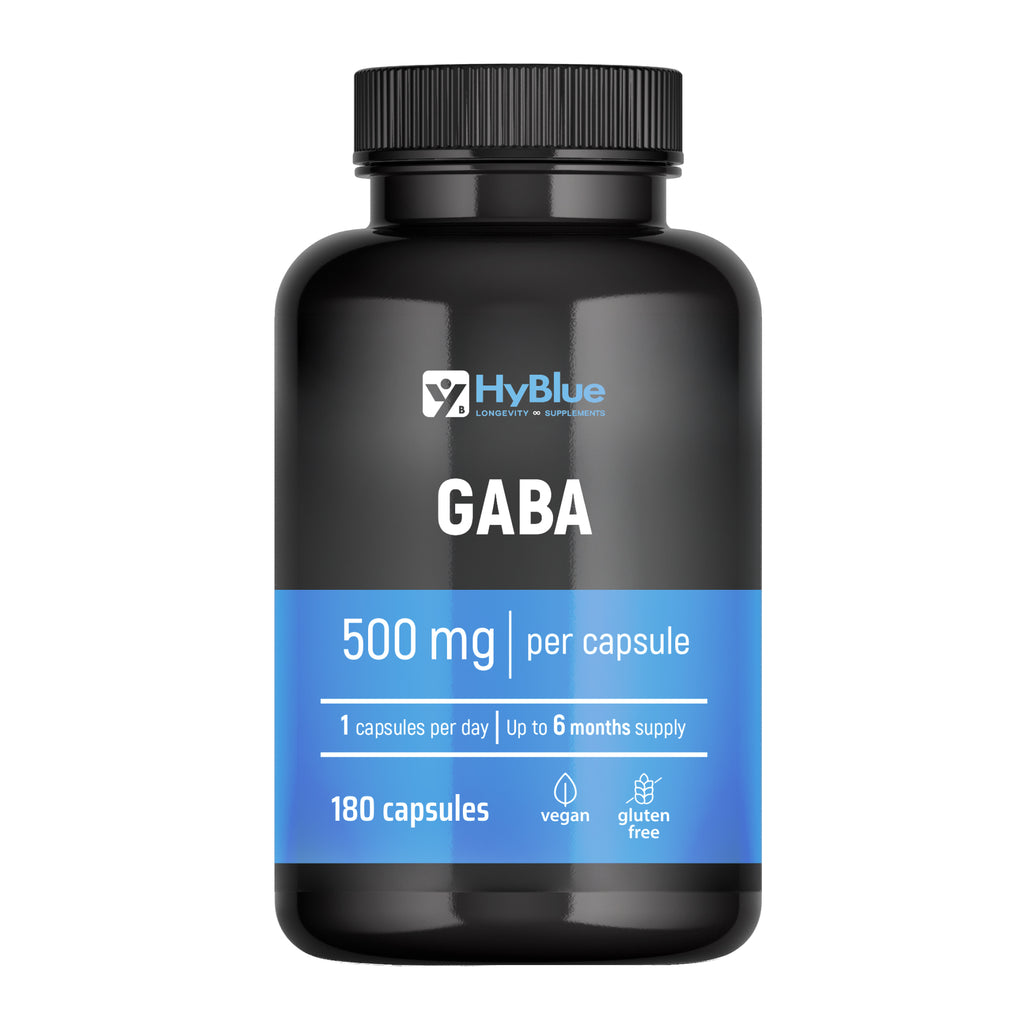 HyBlue GABA Integratore Stanchezza Fisica Mentale 180 Cps, 500mg | Integratore Ansia e Stress Forte | Acido Gamma Amminobutirrico Calma Mentale | No Glutine Ne Lattosio, 100% Vegano | Scorta 6 Mesi