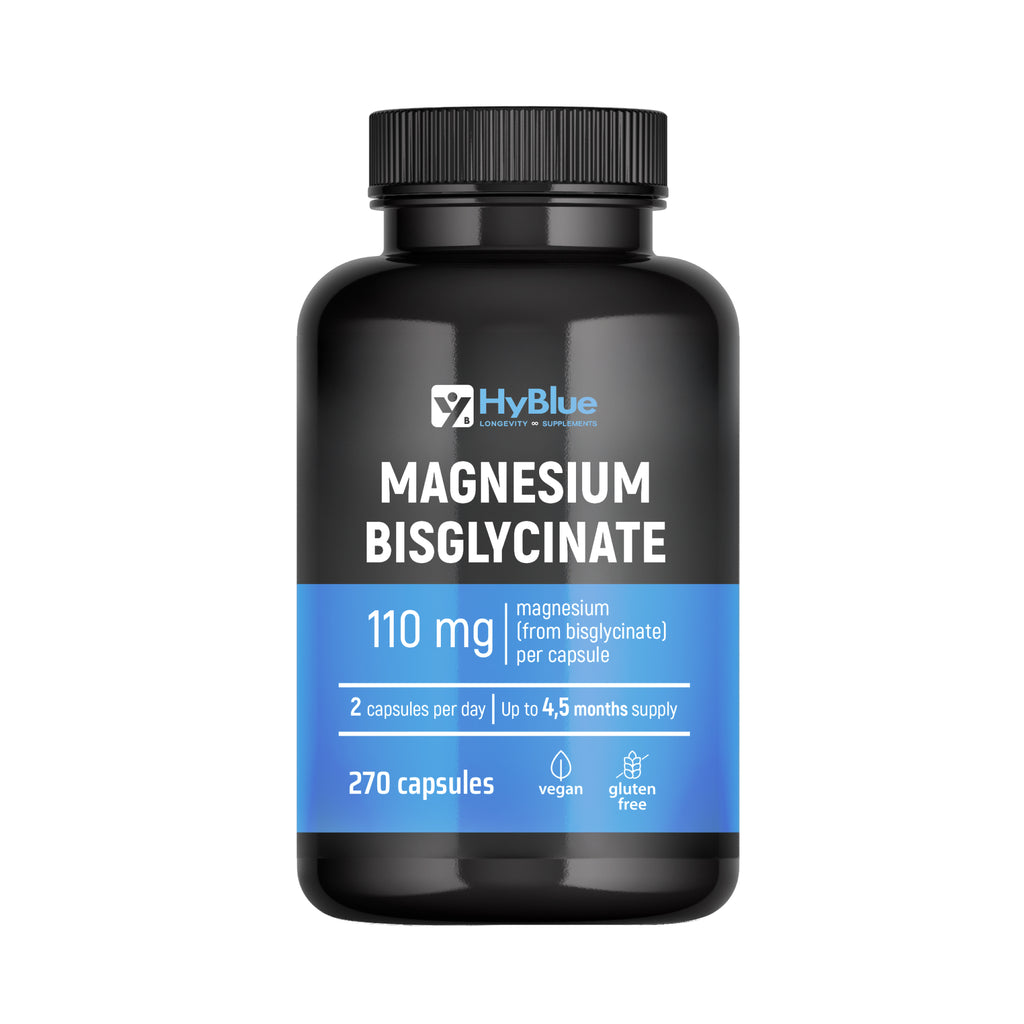 HyBlue Magnesio Bisglicinato Capsule 270, 110mg | Magnesio Glicinato Capsule Alta Biodisponibilità | Integratore Stanchezza Fisica Mentale | Senza Glutine Ne Lattosio, 100% Vegano | Fino 3 Mesi