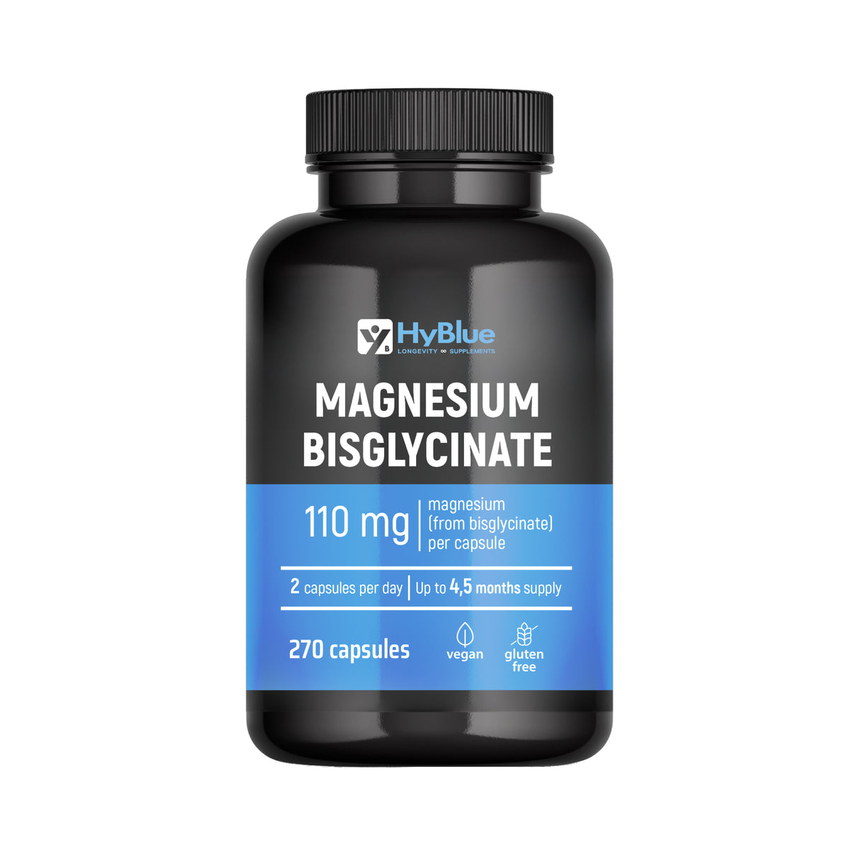 HyBlue Magnesio Bisglicinato Capsule 270, 110mg | Magnesio Glicinato Capsule Alta Biodisponibilità | Integratore Stanchezza Fisica Mentale | Senza Glutine Ne Lattosio, 100% Vegano | Fino 3 Mesi