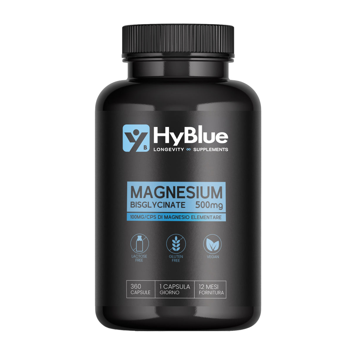 Hyblue Magnesio Bisglicinato Puro 360 Cps, 100mg | Magnesio Glycinate Alta Biodisponibilità | Magnesio Stanchezza E Sistema Nervoso | Senza Glutine Ne Lattosio, 100% Vegano | Fino 6 Mesi