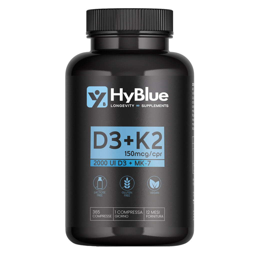 Hyblue Vitamina D3 + K2 Mk-7 360 Cps | Vitamina D3 2000 Ui + K2 100 Μg Alta Biodisponibilità | Vit D3 K2 Ossa, Denti e Difese Immunitarie | No Glutine Ne Lattosio, 100% Vegano | Fino 12 Mesi