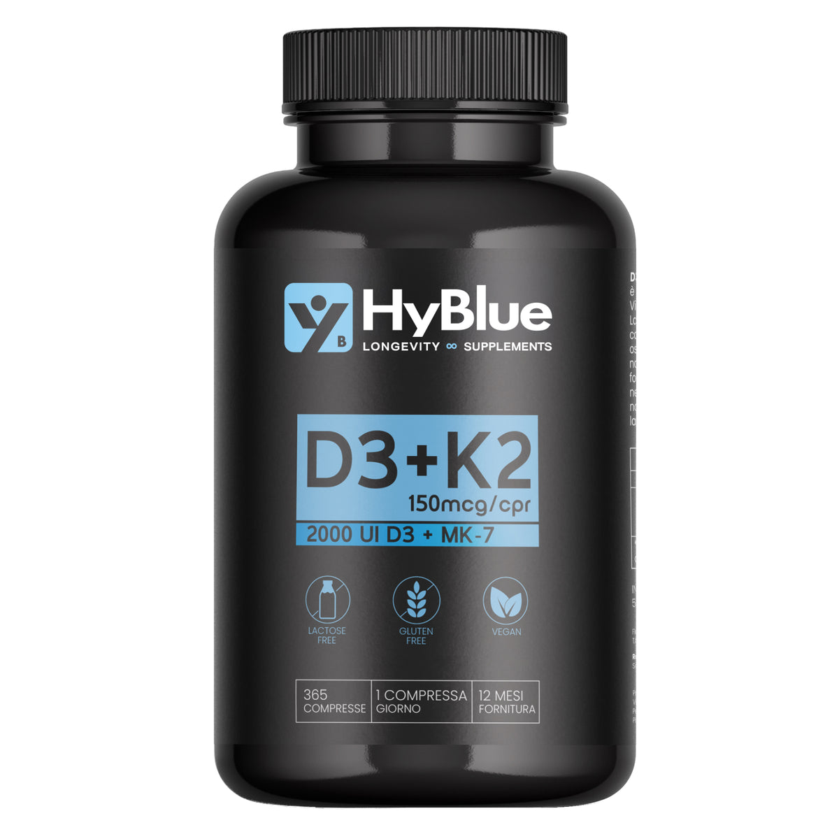 Hyblue Vitamina D3 + K2 Mk-7 360 Cps | Vitamina D3 2000 Ui + K2 100 Μg Alta Biodisponibilità | Vit D3 K2 Ossa, Denti e Difese Immunitarie | No Glutine Ne Lattosio, 100% Vegano | Fino 12 Mesi
