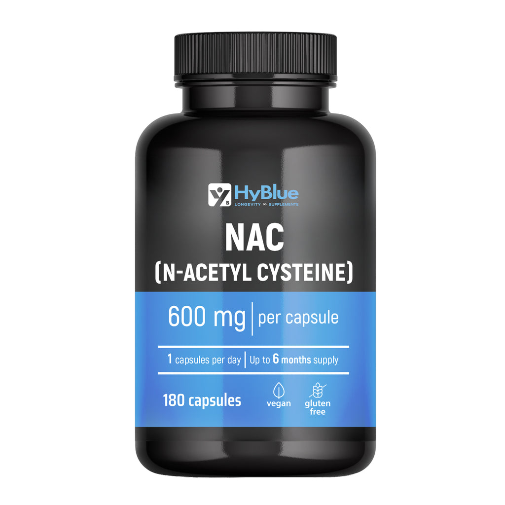 HyBlue Nac N-Acetil-Cisteina Pura, 180 Cps, 600mg | Integratore Acetilcisteina 600 mg, Alta Biodisponibilità | Antiossidante, Detox & Longevità | Senza Glutine Ne Lattosio, Vegano | Fino 6 Mesi