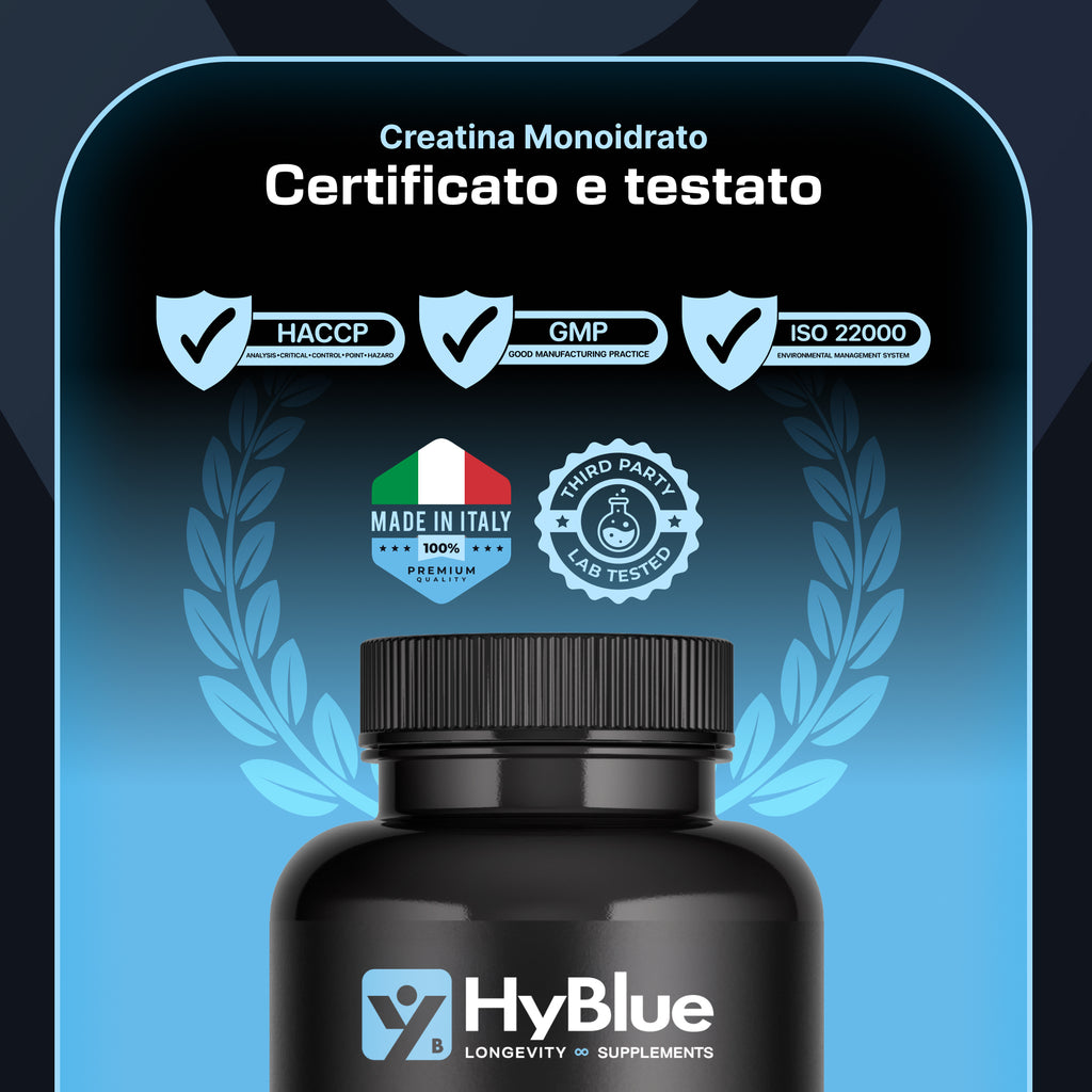 Hyblue Creatina Monoidrata 99,9% Ultrapure 270 Cps, 3g Dose | Ultrapure Creatine Alto Dosaggio Forza, Volume Muscolare e Recupero | Creatine Monohydrate Pura Vegan Senza Glutine | Fino 3 Mesi