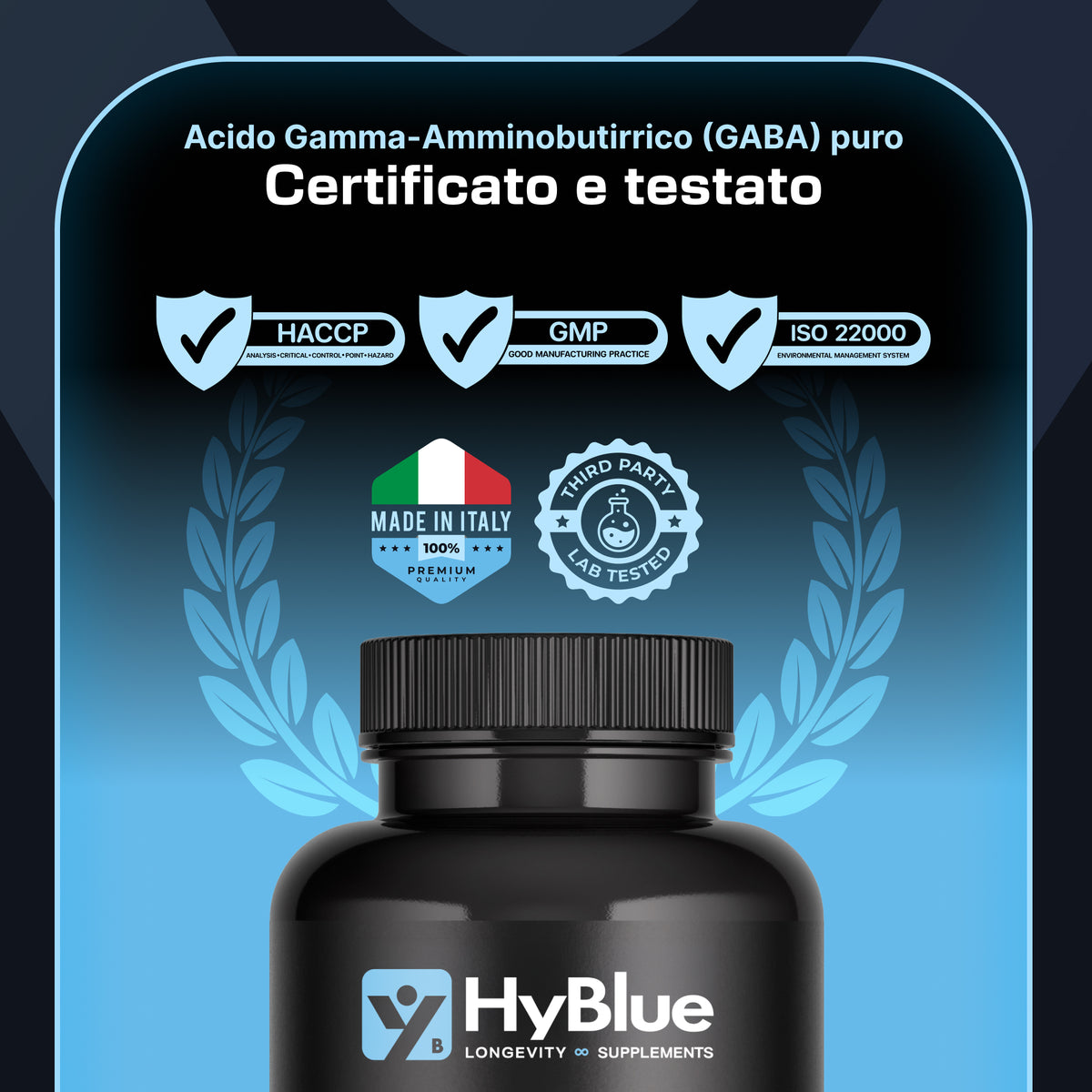 HyBlue GABA Puro 360 Cps, 250mg | Alta Biodisponibilità | Integratore Ansia e Stress Forte | Acido Gamma Amminobutirrico Calma Mentale | No Glutine Ne Lattosio, 100% Vegano | Scorta 12 Mesi