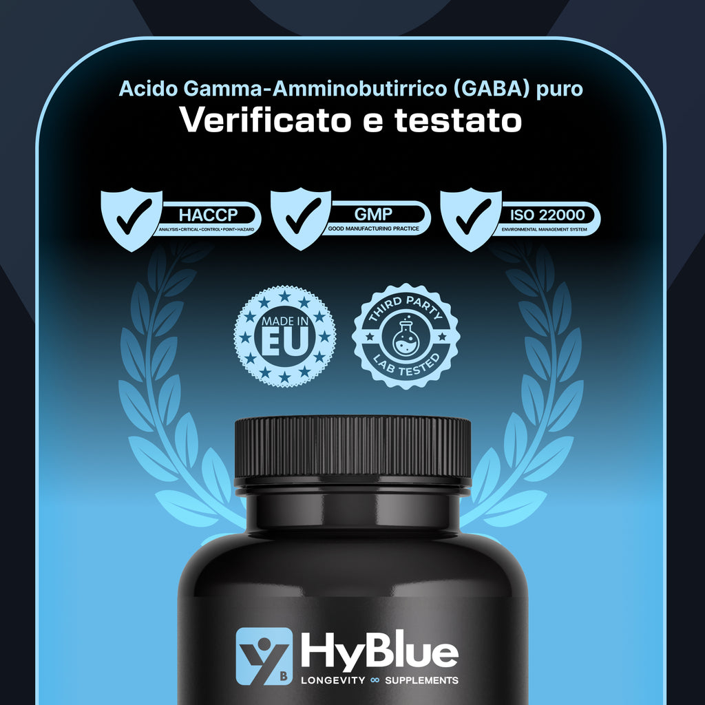 HyBlue GABA Integratore Stanchezza Fisica Mentale 180 Cps, 500mg | Integratore Ansia e Stress Forte | Acido Gamma Amminobutirrico Calma Mentale | No Glutine Ne Lattosio, 100% Vegano | Scorta 6 Mesi