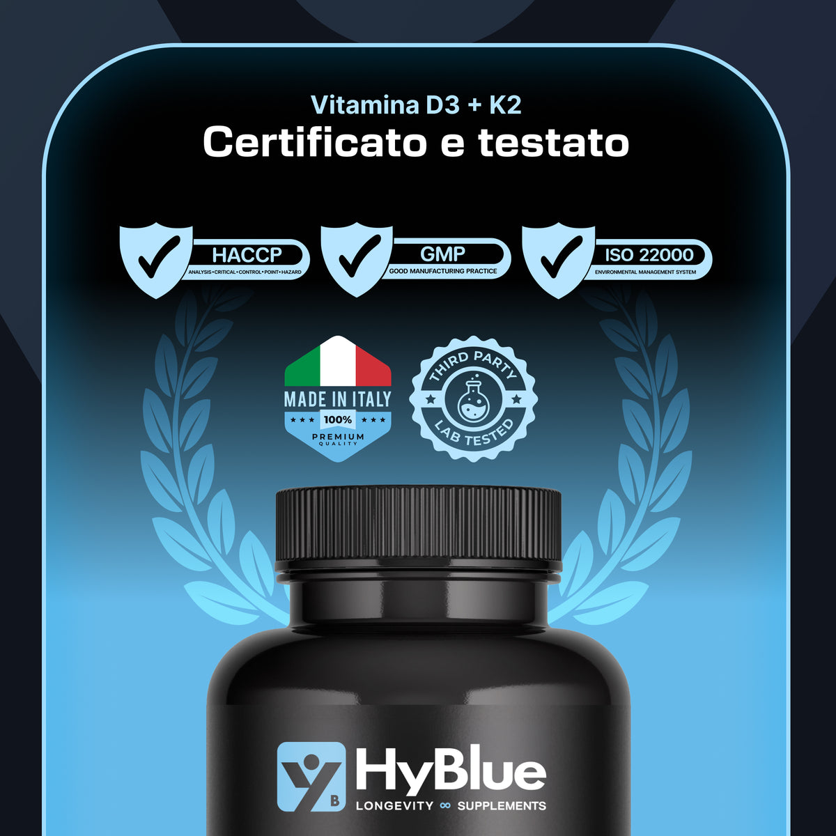 Hyblue Vitamina D3 + K2 Mk-7 360 Cps | Vitamina D3 2000 Ui + K2 100 Μg Alta Biodisponibilità | Vit D3 K2 Ossa, Denti e Difese Immunitarie | No Glutine Ne Lattosio, 100% Vegano | Fino 12 Mesi